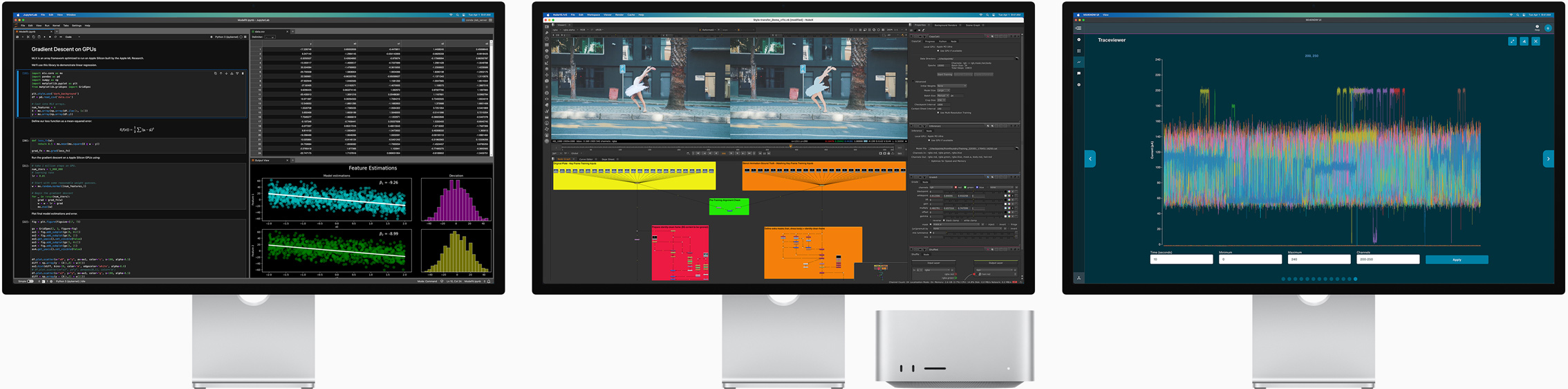 Mac Studio и три Studio Display монитора, с различни macOS приложения на екрана