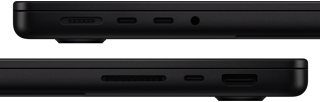 Показване на портовете на MacBook Pro — лява страна: MagSafe 3, два Thunderbolt порта и жак за слушалки — дясна страна: слот за SDXC карта, един Thunderbolt порт и HDMI