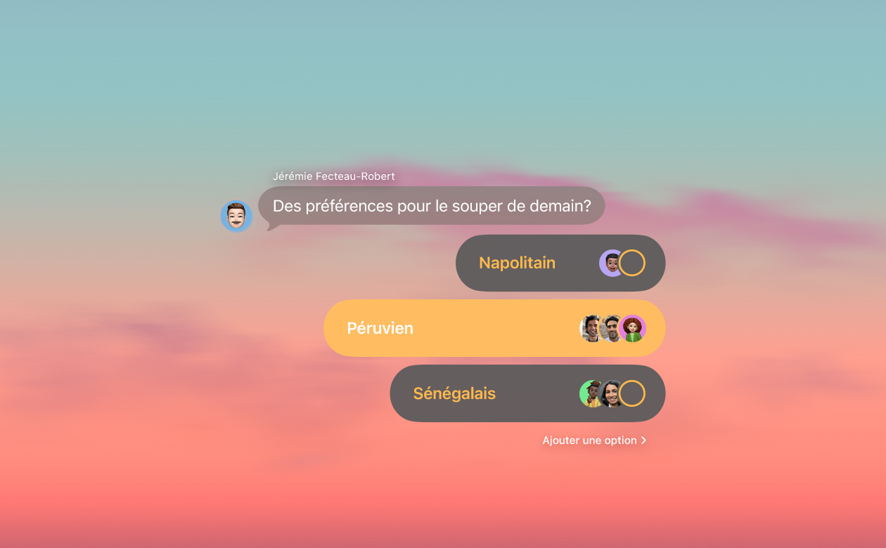 Fonctionnalités de sondage et d’arrière-plan dans Messages, avec les personnes participant à la conversation qui votent pour choisir un type de repas
