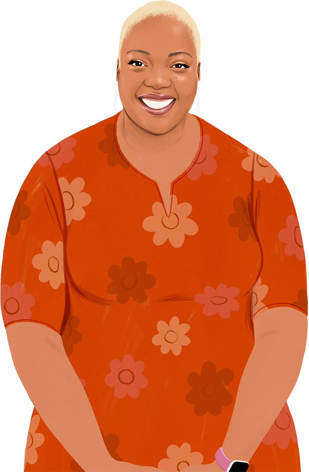 一張 Nafisah 笑著看讀者的肖像插畫；一部插畫 iPad 浮現在畫面，螢幕上有愛心圖案。