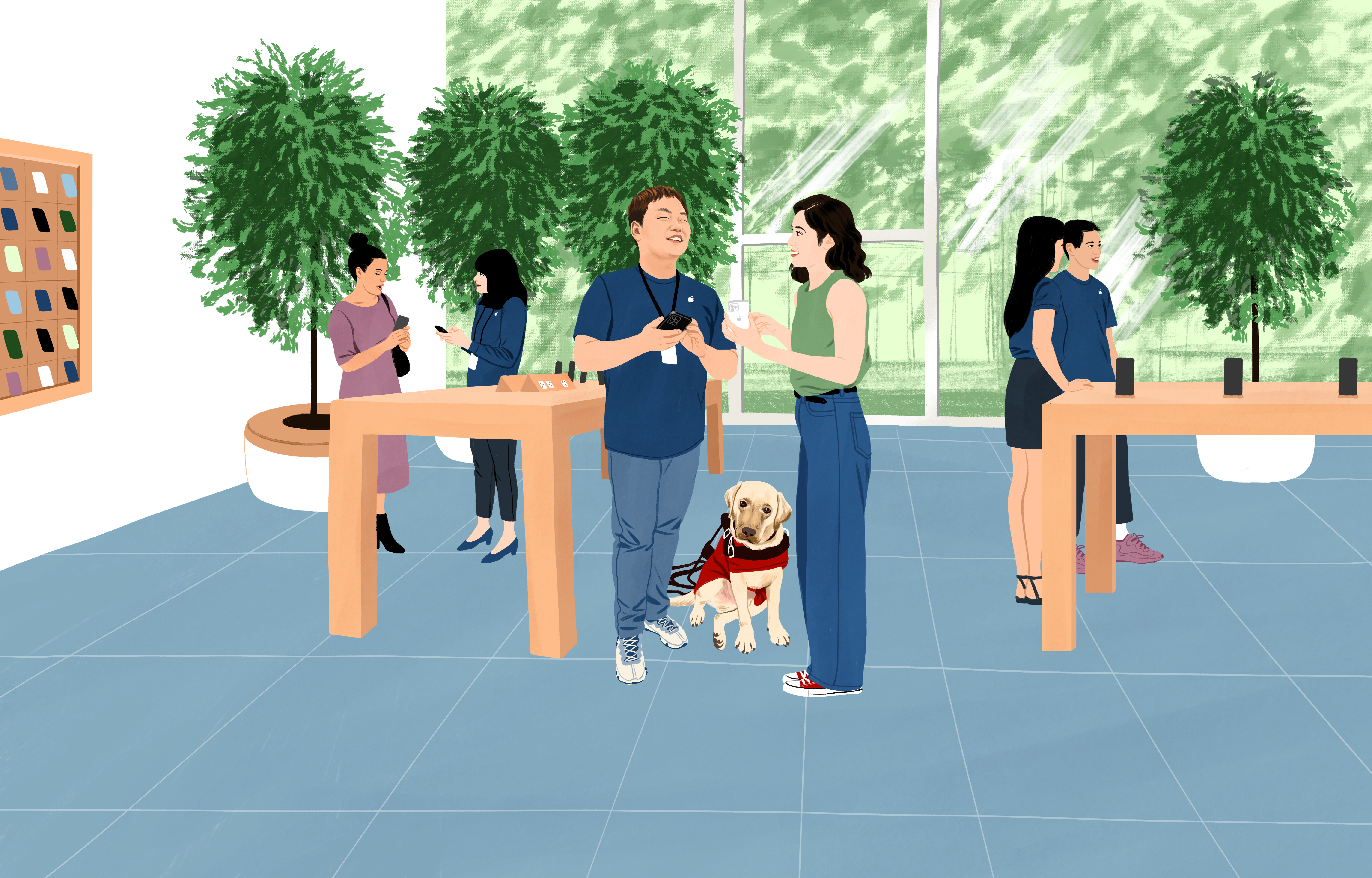 William a trabalhar na Apple Store com um iPhone na mão e o seu cão-guia ao lado; uma cliente faz-lhe uma pergunta.