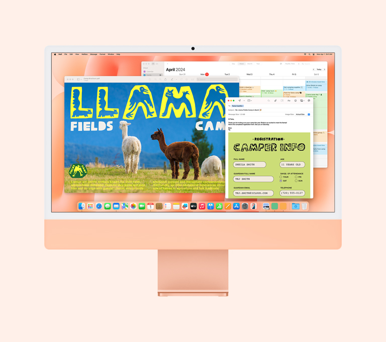 iMac naranjo: la pantalla muestra las apps Vista Previa, Mail y Calendario en uso.