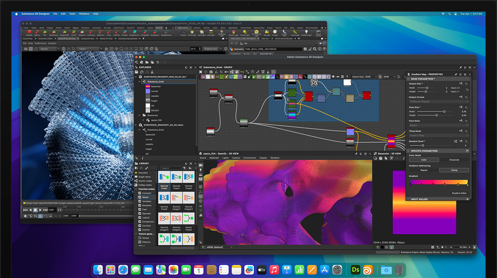 Obrazovka s aplikacemi Adobe Substance 3D Designer a Houdini zobrazuje úpravy na Macu Studio s čipem M4 Max