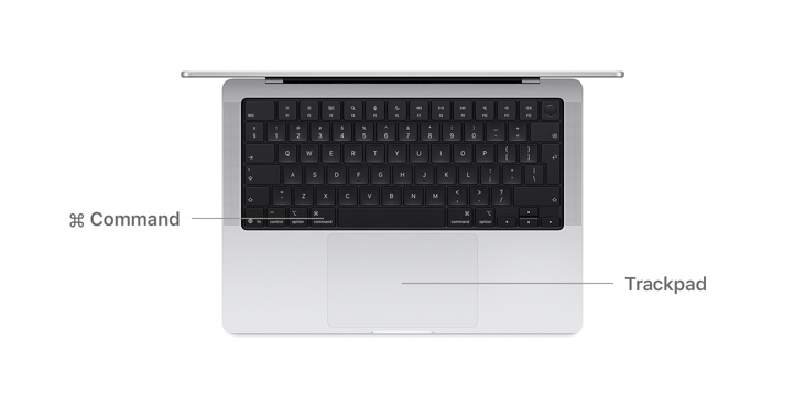 Prohlídka navigace macOS jako je Dock na obrazovce čtrnáctipalcového MacBooku Pro.