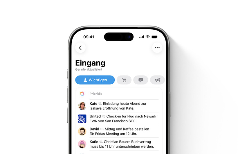 Das iPhone zeigt den Posteingang in der Mail App mit wichtigen Nachrichten ganz oben
