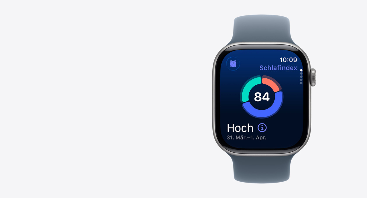 Apple Watch Series 11 in Space Grau mit Aluminiumgehäuse, das Display zeigt den Schlafindex