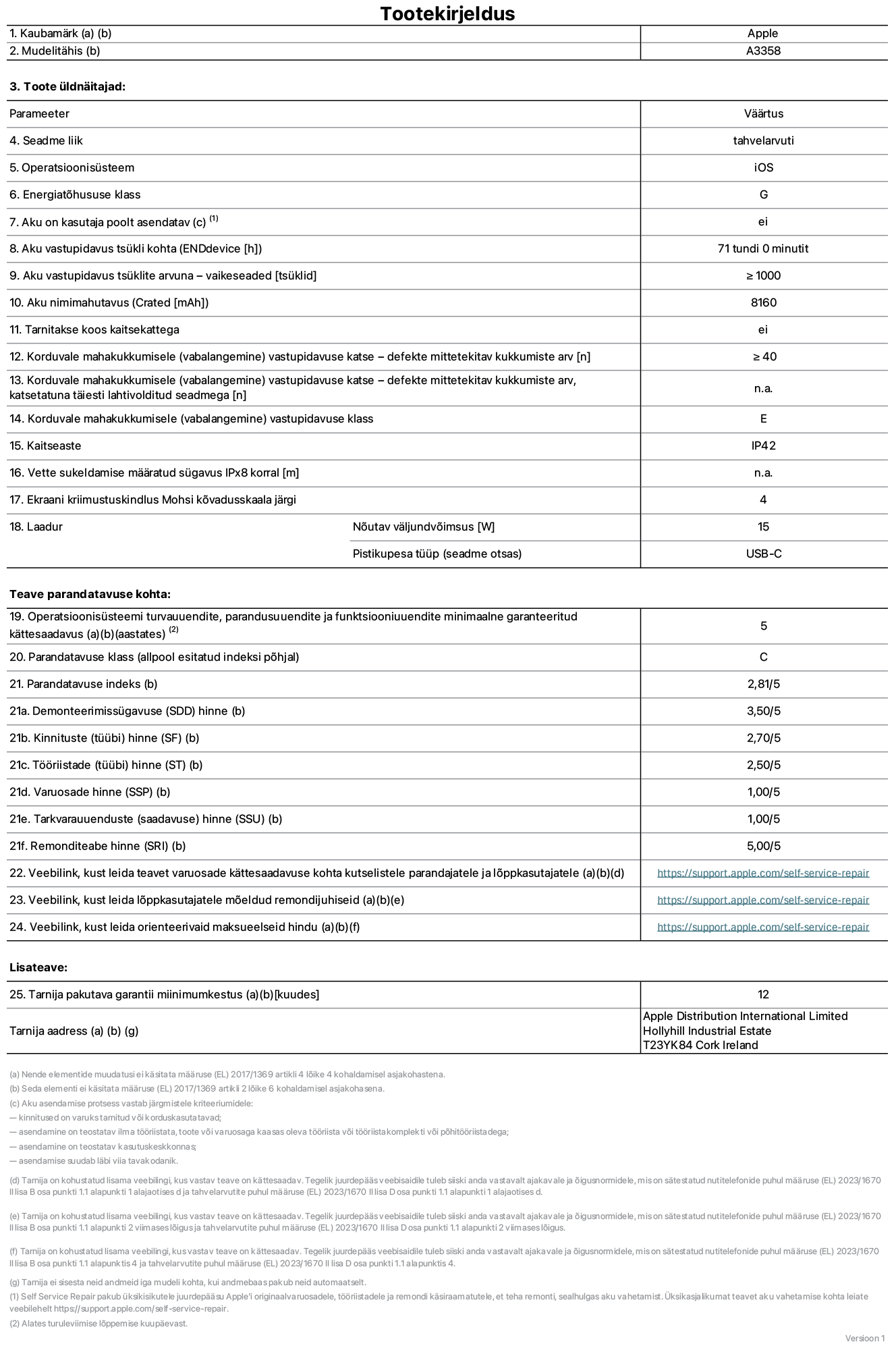 11-tollise iPad Pro M5 WiFi + Cellular, mudeli A3358 toote infoleht. Tarnija on Apple Distribution International Limited, Hollyhill Industrial Estate. Cork, Ireland T23 YK84. Seadme tüüp: tahvelarvuti. Operatsioonisüsteem: iOS. Energiatõhususklass: G. Aku vahetatav kasutajale: ei. Aku vastupidavus tsükli kohta: 71 tundi. Aku kestvustsüklid – vaikesätted: suurem või võrdne 1000-ga. Akumaht: 8160 mAh. Tarnitakse kaitsekattega: ei. Korduv vabalangemise usaldusväärsustest – kukub ilma defektita: ≥ 40. Korduv vabalangemise usaldusväärsustest – kukub ilma defektita täielikult väljaulatatuna: pole kohaldatav. Korduv vabalangemise usaldusväärsusklass: E. Tolmu- ja veekindluse kaitse hinnang: IP42. Määratud iPx8 sukeldumissügavus: pole kohaldatav. Ekraani kriimustuskindlus Mohsi kõvaduse skaalal: 4. Laadija nõutav väljundvõimsus: 15 W. Laadija tüüp (seadmel): USB-C. Opsüsteemi turva-, korrektiiv- ja funktsionaalsusvärskenduste minimaalne tagatud saadavus: 5 aastat. Parandatavusklass: C. Parandatavusindeks: 2,81/5. Lahtivõtmise sügavuse (SDD) hinne: 3,50/5. Kinnitusdetailide hinne: 2,70/5. Tööriistade hinne: 2,50/5. Varuosade hinne: 1,00/5. Tarkvaravärskenduste hinne: 1,00/5. Parandusteabe hinne: 5,00/5. Teave varuosade kättesaadavuse kohta professionaalsetele parandajatele ja lõppkasutajatele: https://support.apple.com/self-service-repair. Parandusjuhised lõppkasutajatele: https://support.apple.com/self-service-repair. Soovituslikud maksueelsed hinnad: https://support.apple.com/self-service-repair. 12-kuune üldgarantii.