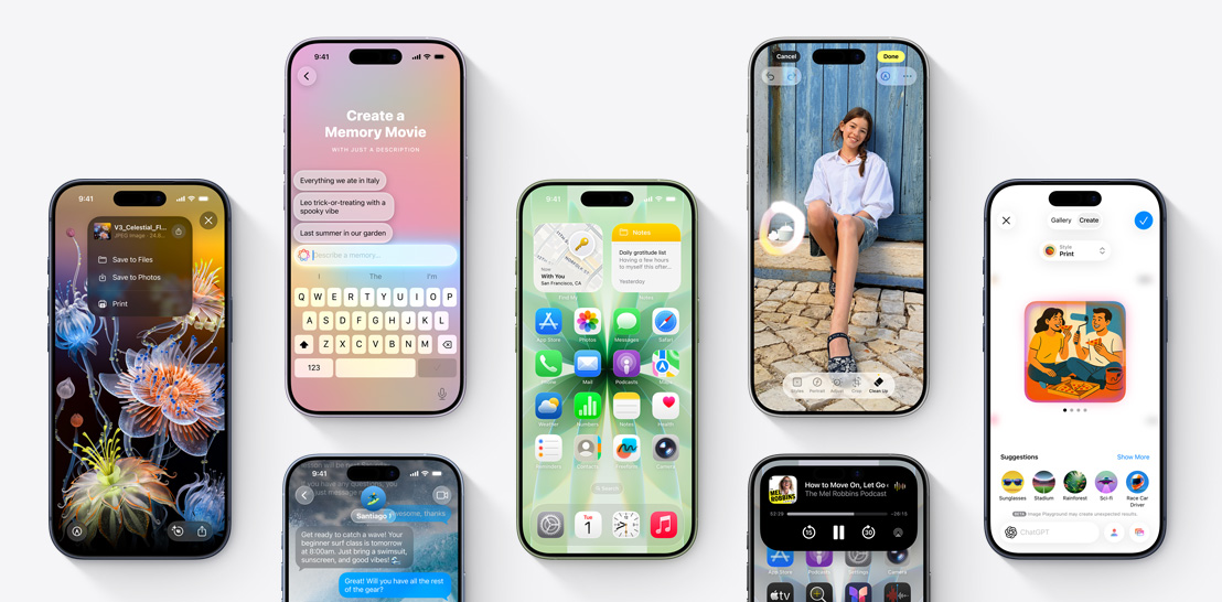 Rida iPhone 17 ja 17 Pro seadmeid, mis on kõik erinevate ekraanidega ja näitavad iOS 26 ja Apple Intelligence omadusi