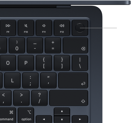 MacBook Airi klaviatuur, parem ülaosa, näitamas Touch ID nupu asukohta