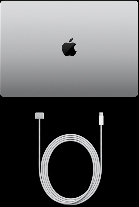 16-tolline MacBook Pro, MagSafe 3 liidesega USB‑C kaabel ja 140 W USB‑C toiteadapter