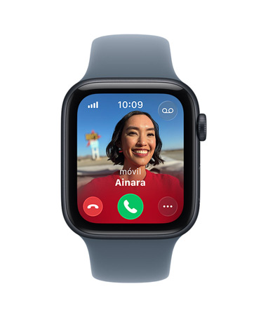 Apple Watch SE 3, caja de aluminio, color medianoche, llamada entrante, foto de contacto, botones de aceptar y rechazar llamada, lateral derecho, Digital Crown, correa deportiva, color niebla lila