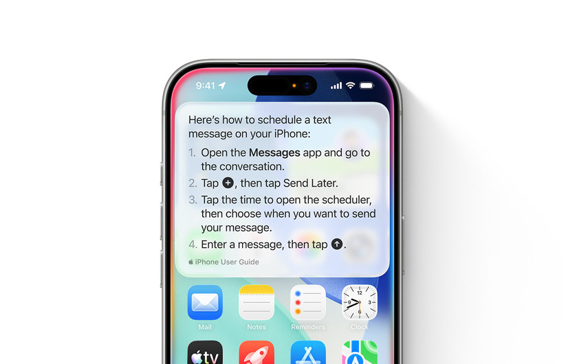 En iPhone vises med en trinnvis veiledning for hvordan du kan planlegge at en tekstmelding sendes på et senere tidspunkt
