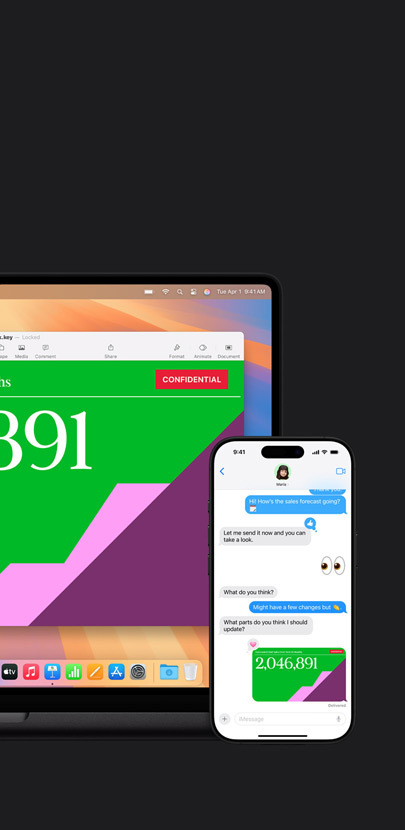 Macilla näkyy esitys. Macin edessä on iPhone, jossa näkyy tekstiviestikeskustelu ja jaettu esitys.