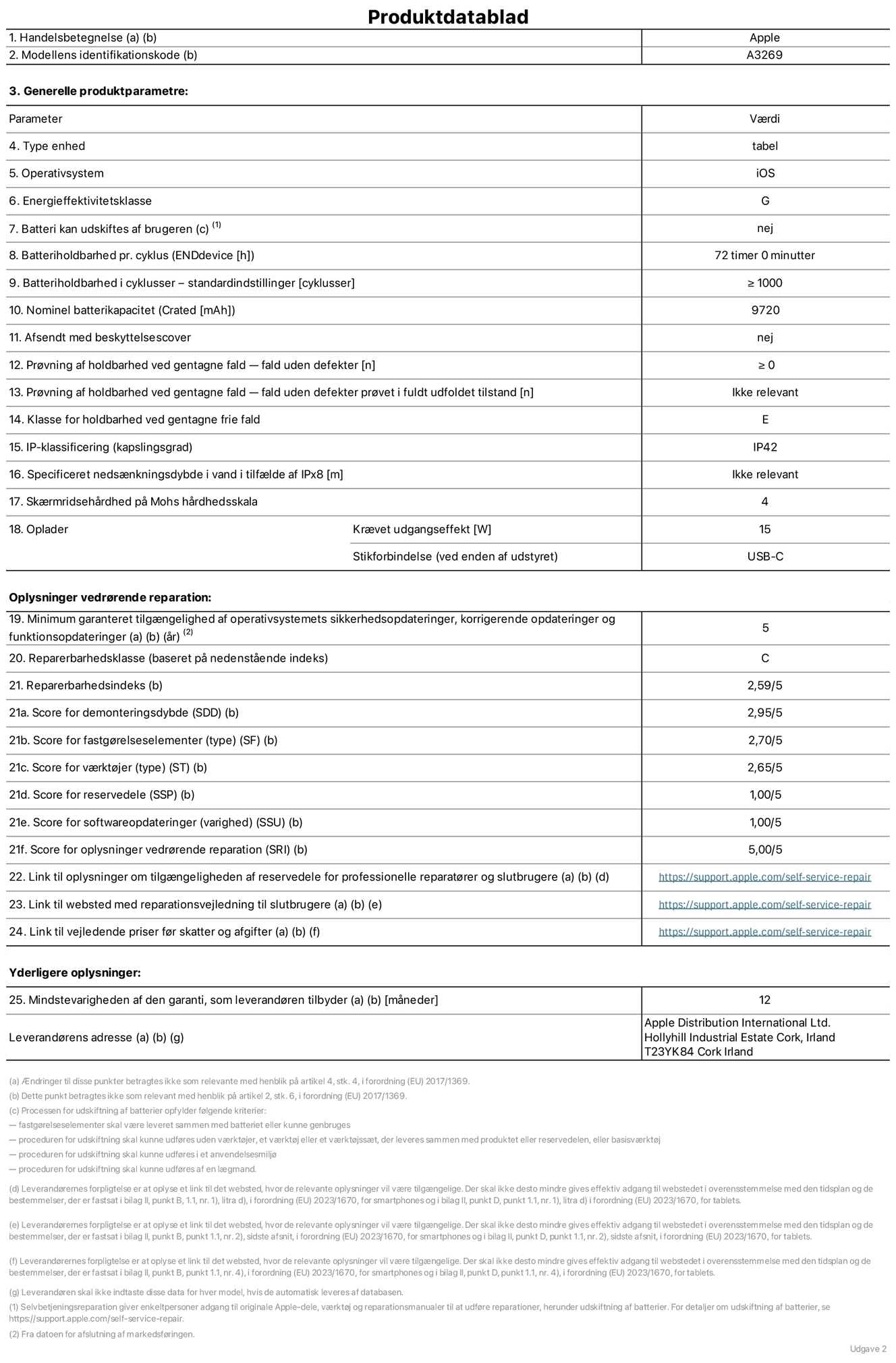 Produktdatablad til 13" iPad Air Wi-Fi + Cellular. Model A3269. Leveret af Apple UK Ltd, 100 New Bridge Street, London EC4V 6JA. Enhedstype: tablet. Styresystem: iOS. Energieffektivitetsklasse for standard dynamikområde: G. Batterilevetid: 72 timer. Batterilevetid i cyklusser: ≥ 1000. Nominel batterikapacitet: 9720 mAh. Holdbarhedstest ved gentagne fald – fald uden defekt: ≥ 0. Holdbarhedsklasse ved gentagne fald: E. Kapslingsklasse: IP42. Skærmens ridsefasthed på Mohs' hårdhedsskala: 4. Påkrævet udgangseffekt for oplader: 15 W. Opladerstiktype: USB-C. Garanteret minimumsperiode for tilgængelighed af sikkerhedsopdateringer, fejlrettelser og funktionsopdateringer til styresystemet: 5 år. Reparerbarhedsklasse: C. Reparationsindeks: 2,59/5. Antal point for demonteringsdybde: 2,95/5. Antal point for fastgørelseselementer (type): 2,70/5. Antal point for værktøj: 2,65/5. Antal point for reservedele: 1,00/5. Antal point for softwareopdateringer: 1,00/5. Antal point for reparationsoplysninger: 5,00/5. Weblink til oplysninger om tilgængeligheden af reservedele for professionelle reparatører og slutbrugere: https://support.apple.com/self-service-repair. Weblink til vejledning i reparation for slutbrugere: https://support.apple.com/self-service-repair. Weblink til vejledende priser før skatter og afgifter: https://support.apple.com/self-service-repair. Produktet er omfattet af 12 måneders garanti.