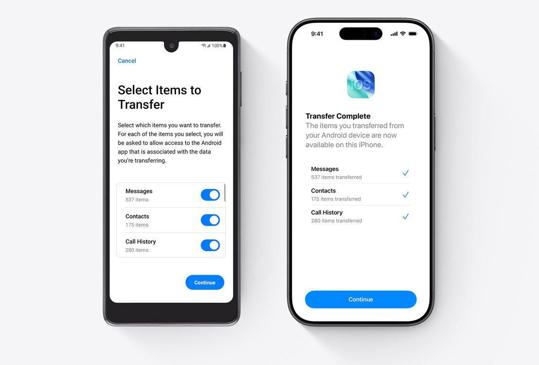 Vierekkäin Android-näyttö, jossa näkyy Siirry iOS:ään ‑appi, ja iPhone-näyttö, jossa näkyy Siirry iOS:ään ‑appi