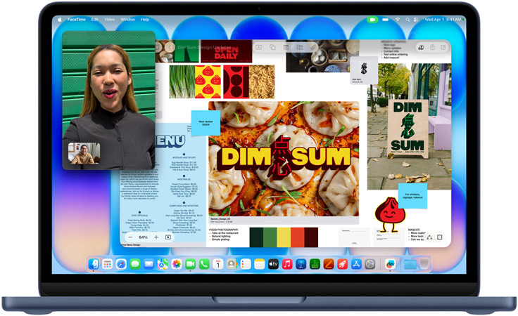 MacBook Neo, indigo color, video call in progress, Freeform window with a menu, food photography, and illustrations for a dim sum restaurant