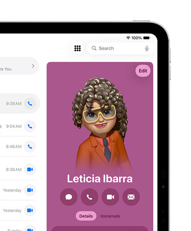 iPad, canto superior direito do ecrã a mostrar uma ficha de contacto aberta na app Telefone, com opções para Enviar mensagem, Ligar e muito mais