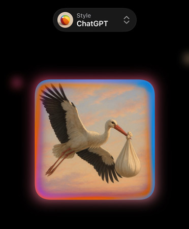 Écran Genmoji avec l’image d’une cigogne très réaliste portant un baluchon dans son bec, montrant des options pour des styles d’image personnalisés de ChatGPT