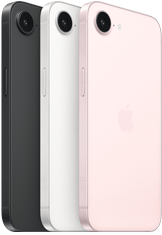 iPhone 17e, πλαϊνή και πίσω όψη, μαύρο χρώμα, πλαϊνή και πίσω όψη, λευκό χρώμα, πλαϊνή και πίσω όψη, απαλό ροζ χρώμα, κάμερα Fusion στο πάνω μέρος, πλευρικό κουμπί