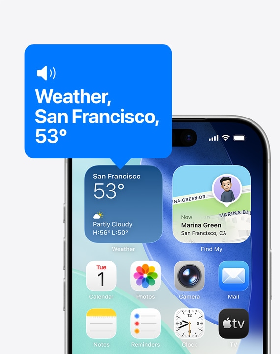 Οθόνη αφετηρίας iPhone, εικονίδιο του widget καιρού που διαβάζεται δυνατά με το VoiceOver