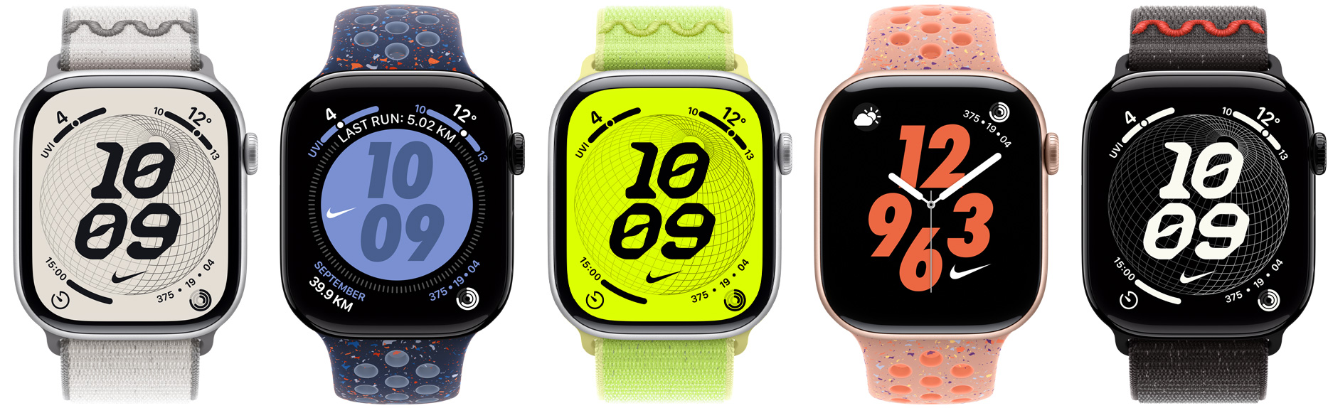 多隻 Apple Watch 裝置，展示不同 Nike 錶帶和 Nike 錶面