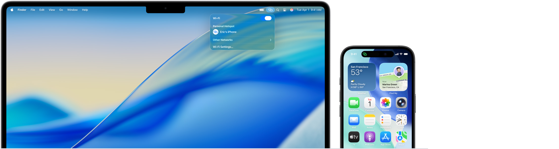 14 吋 MacBook Pro，已從選單列開啟控制中心，個人熱點連接顯示：「Eric's iPhone」；iPhone 16 螢幕左上方顯示個人熱點的綠色圖示