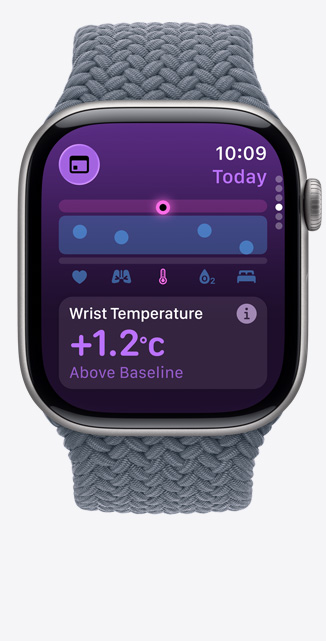 Apple Watch Series 11，太空灰鋁金屬錶殼，展示維生指數 app、健康評分圖表、手腕溫度高於基準通知、右側設有數碼錶冠，配搭錨鐵藍色編織單圈手環