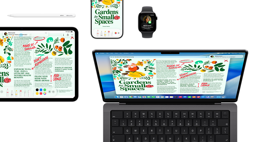 Rangkaian perangkat yang meliputi iPad, iPhone, Watch, dan Mac, semuanya menampilkan konten yang sama.