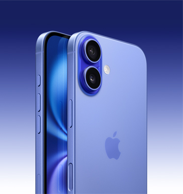 iPhone 16 en color ultramarino, con parte de la pantalla visible y vista lateral que permite ver el Botón de Acción, el botón de volumen y el botón lateral. Parte posterior que muestra el sistema avanzado de dos cámaras en la esquina superior izquierda.