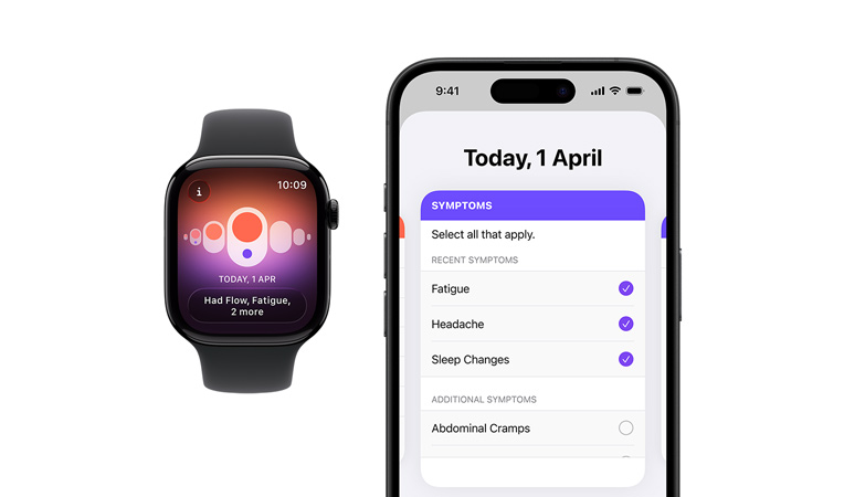 Apple Watch Series 10, black Sport Band, front, UI reads Cycle Tracking, Period, Symptom Logging, next to it is iPhone 16, front, UI reads Cycle Tracking, Symptom Logging, Period