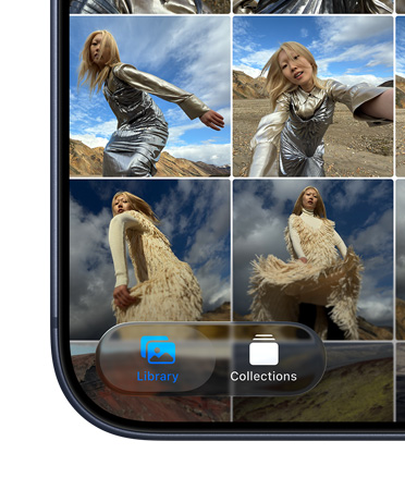 iPhone, bottom left of screen showing Photos app tile displaying Library and Collections tabs within the new Liquid Glass design
