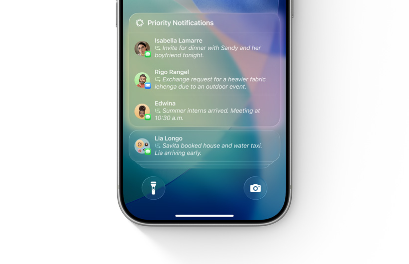 iPhone 上的通知列表，重點標示疊放於頂部的優先通知