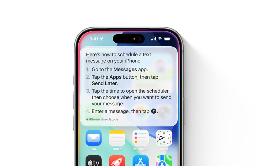 iPhone 顯示逐步指引，說明如何處理需要稍後傳送的文字訊息。