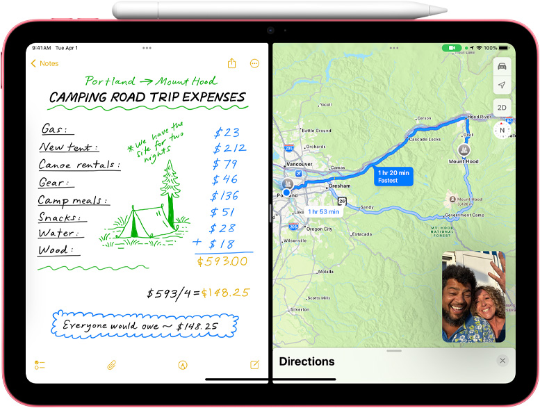 iPad 畫面顯示地圖 app 內的數學備忘錄，FaceTime 通話以畫中畫模式顯示。