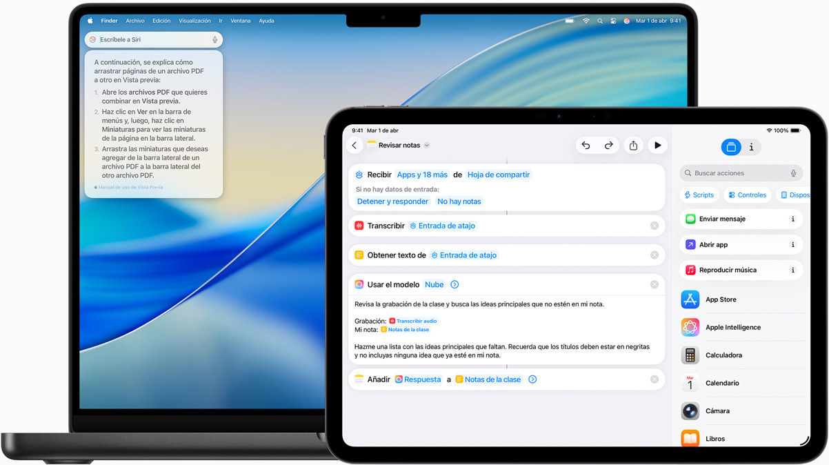 Una Mac muestra la funcionalidad Escríbele a Siri, y un iPad muestra un Atajo creado con Apple Intelligence.