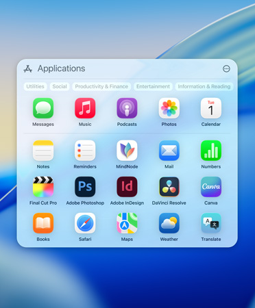 El menú de navegación de Spotlight muestra apps en las categorías: Sugerencias, Productividad, Creatividad, Información y Lectura