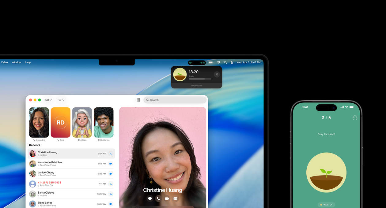 A MacBook Pro and iPhone side by side, MacBook Pro screen displays the Phone app and Live Activities from the Uber app, iPhone shows the Uber app