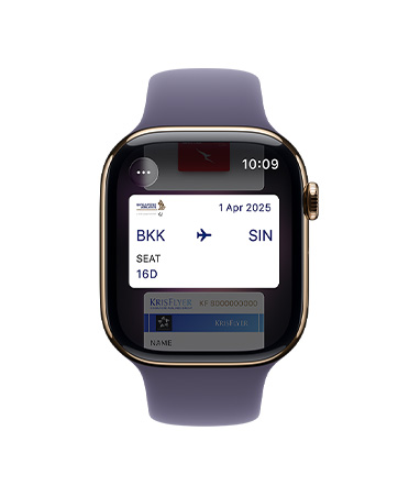 Apple Watch Series 11, gold color, titanium case, Apple Pay, right side exterior, Digital Crown, purple fog Sport Band