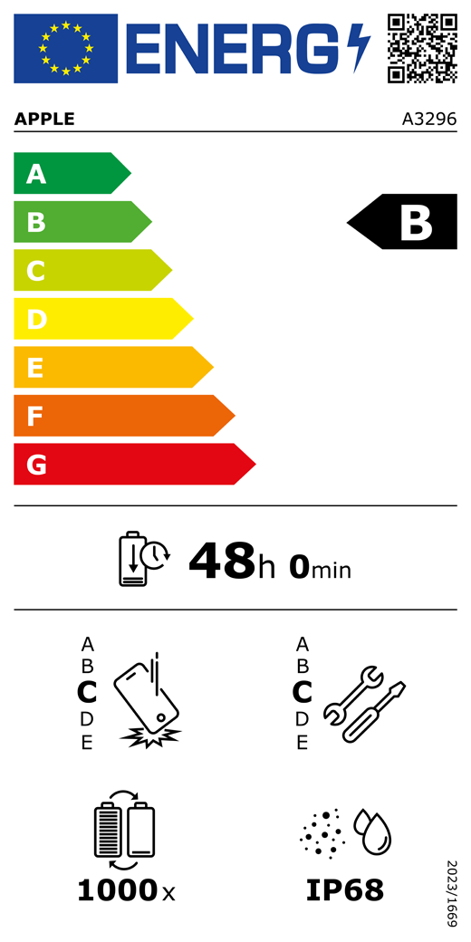 Etykieta energetyczna UE, kod QR i informacje, model Apple A3296, klasa B, klasy efektywności energetycznej (w skali od A do G), od A (najwyższa efektywność) do G (najniższa efektywność), trwałość baterii na cykl, 48 godzin i 0 minut na pełne naładowanie baterii, wytrzymałość na spadki swobodne wielokrotne klasy C, od A (największa solidność) do E (najmniejsza solidność), możliwość naprawy klasy C, od A (największa możliwość naprawy) do E (najmniejsza możliwość naprawy), trwałość baterii w cyklach 1000, ochrona przed wnikaniem pyłu i wody (IP) klasy IP68, rozporządzenie 2023/1669
