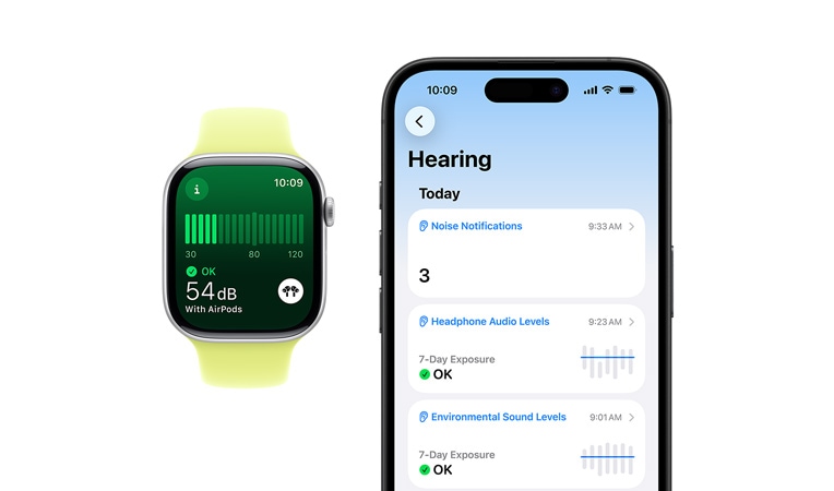 Apple Watch Series 10 z paskiem sportowym w kolorze białym. Na ekranie ikona powiadomienia o głośnym otoczeniu, poziom dźwięku to 90 decybeli.