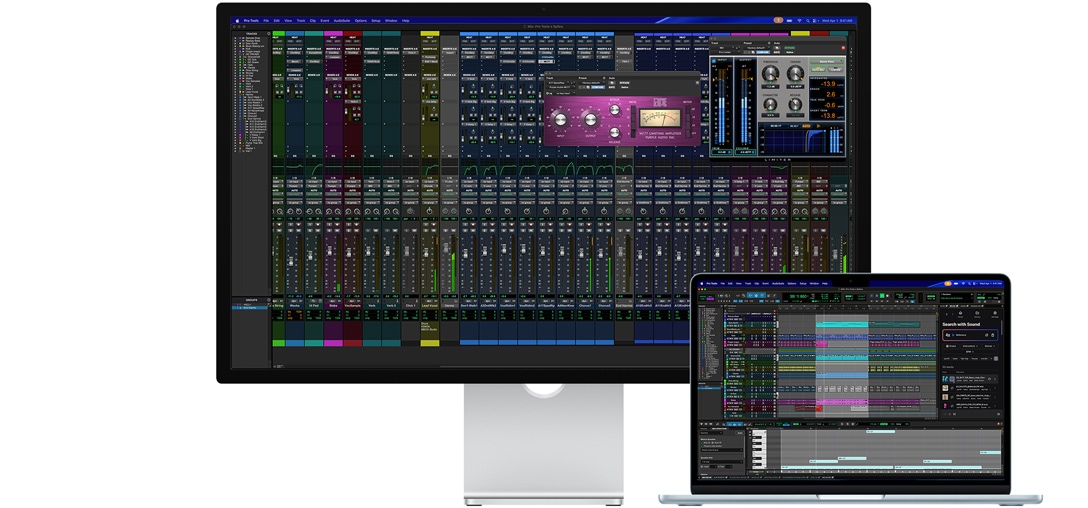 Monitor Studio Display i laptop Mac, na ekranach których widać otwartą sesję w aplikacji Pro Tools z integracją Splice