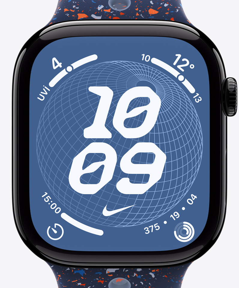 Nike Globe saat kadranı, saat, Nike Swoosh, komplikasyonlar: UV indeksi, hava durumu, sayaç, Aktivite halkaları