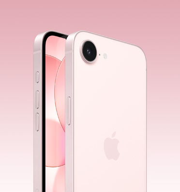 Açık pembe renkteki iPhone 17e’nin önden ve arkadan görünümü, Apple logosunun ve tek bir kameranın yer aldığı arka yüzey tamamen görünüyor, yan kısımda Eylem düğmesi, ses düğmeleri ve yan düğme görünüyor.