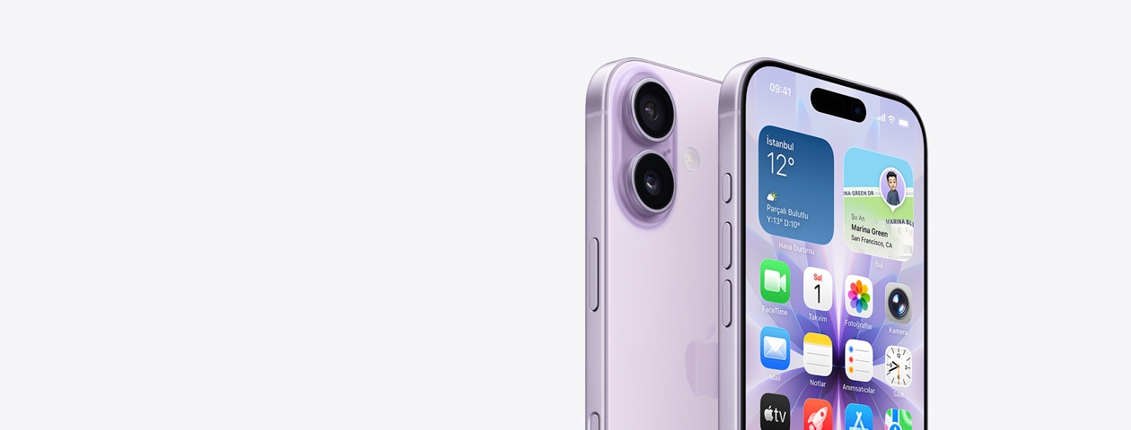 Lavanta renk iPhone 17, önden dış görünüm, ana ekran kısmi olarak görünüyor, yan duran aygıtın Eylem ve ses düğmeleri gösteriliyor. Arkadan dış görünümünde sol üst köşedeki Dual Fusion Kamera Sistemi ve kamera denetimi düğmesi gösteriliyor