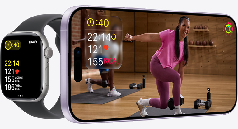 Apple Fitness+ app on an iPhone showing a workout with synchronised exercise metrics displayed on an Apple Watch