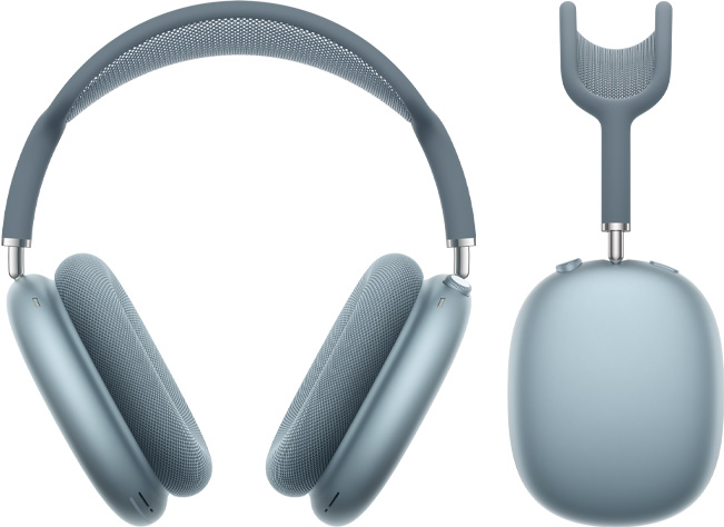 Vista frontal e de perfil dos auscultadores AirPods Max 2, na cor azul