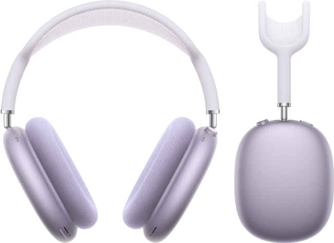 Vista frontal e de perfil dos auscultadores AirPods Max 2, na cor roxo