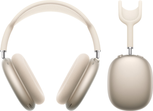 Vista frontal e de perfil dos auscultadores AirPods Max 2, na cor luz das estrelas