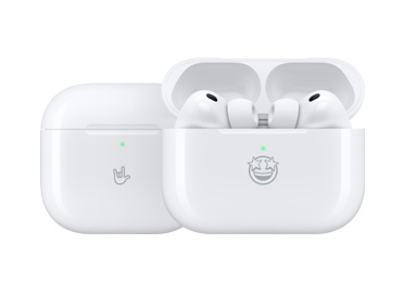 Custom-engraved Apple products: MagSafe Charging Case (USB-C) engraving on front reads: rock-on emoji, MagSafe Charging Case (USB-C), case open, AirPods Pro 3, engraving on front reads: star-struck emoji