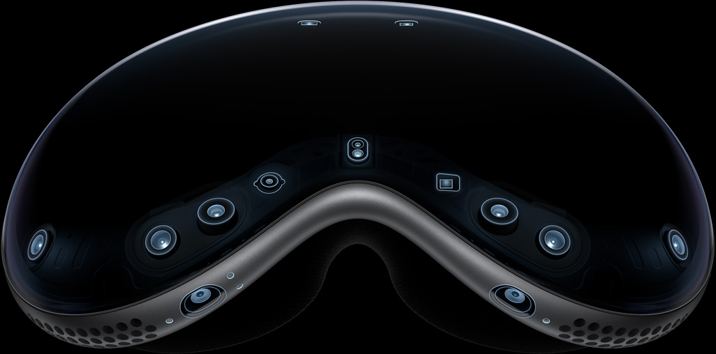 Apple Vision Pro 的外部圖，展示相機及感測器陣列